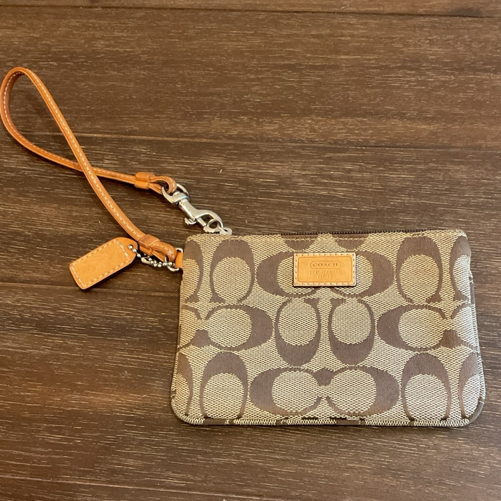 Coach Signature Brown and Tan Wristlet - Picture 1 of 7